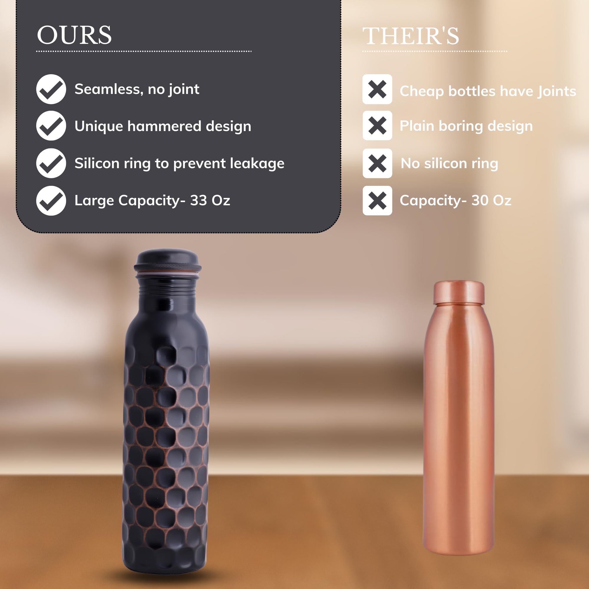 STAGLIFE Pure Copper Water Bottles for Drinking Water for Men Women - Copper Water Bottle Drinking Jug - Copper Vessel Dispenser with Ayurveda Benefits for Sports Fitness Yoga - 33 Ounces