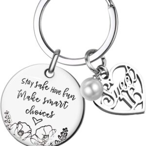 FAMOORE Stay Safe Have Fun Make Good Choices Sweet 16 Years Old Girl Gifts for Birthday, 16th teenage Drivers Keyring, New Driver or Graduation Keychain, Silver, Medium