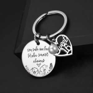 FAMOORE Stay Safe Have Fun Make Good Choices Sweet 16 Years Old Girl Gifts for Birthday, 16th teenage Drivers Keyring, New Driver or Graduation Keychain, Silver, Medium