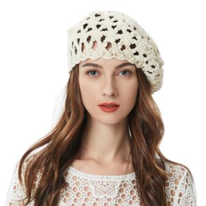 zlyc women cotton slouchy crochet beret handmade cutout floral beanie hat (beige)