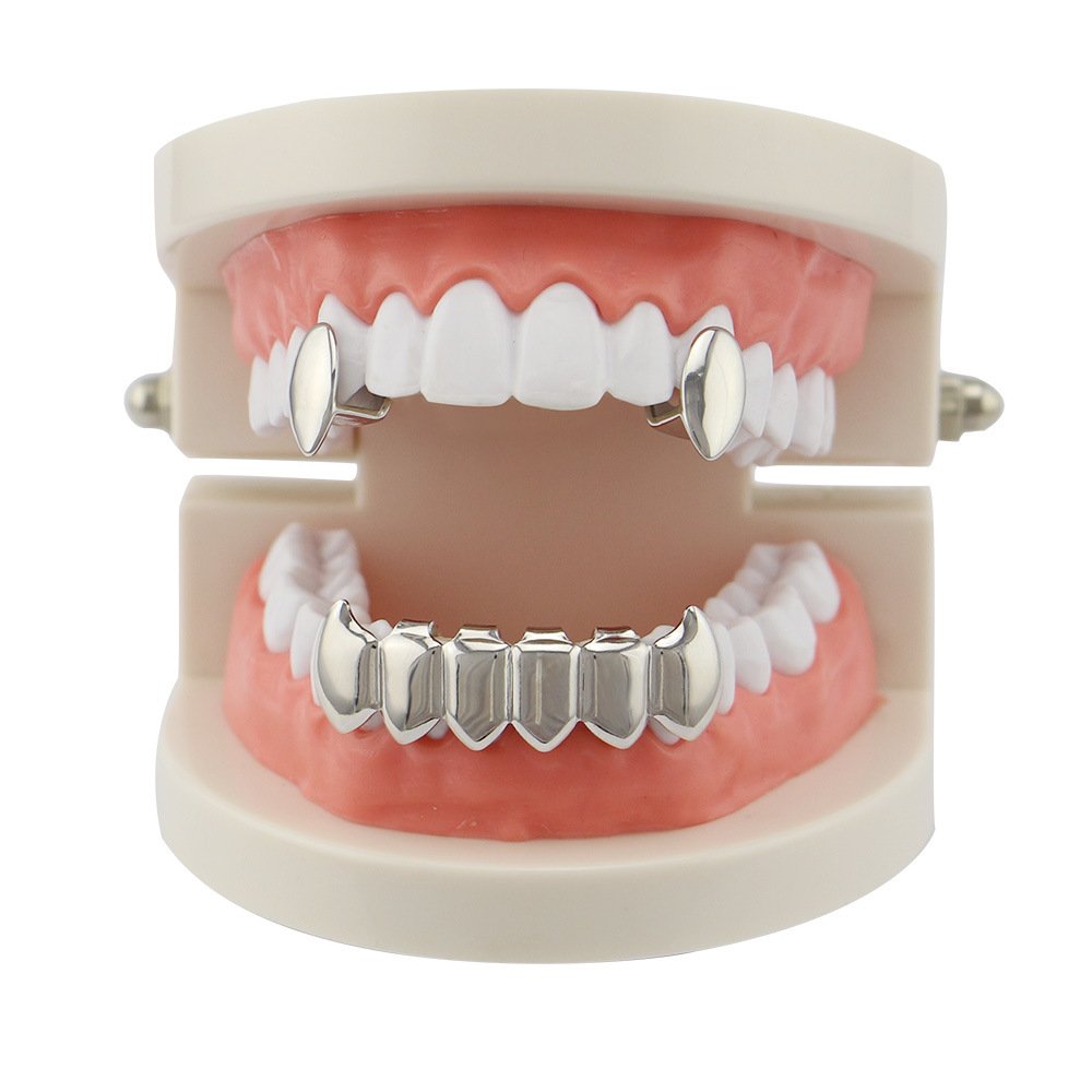 18k Gold Plated Vampire Dracula Teeth Grillz 2pc Single Fangs and 6 Bottom Grillz Set