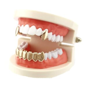 18k Gold Plated Vampire Dracula Teeth Grillz 2pc Single Fangs and 6 Bottom Grillz Set