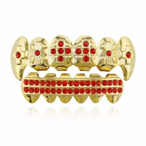 18k gold plated hip hop grillz cz top and bottom grills for your teeth with red diamond