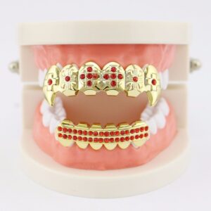 18K Gold Plated Hip Hop Grillz CZ Top and Bottom Grills for Your Teeth with Red Diamond