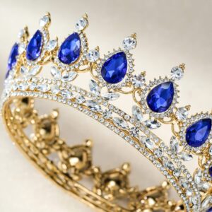 SWEETV Crystal Queen Crown for Women, Rhinestone Wedding Tiara Headband, Full Round Princess Crown Hair Accessories for Prom Birthday Costume Party, Royal Blue+Gold