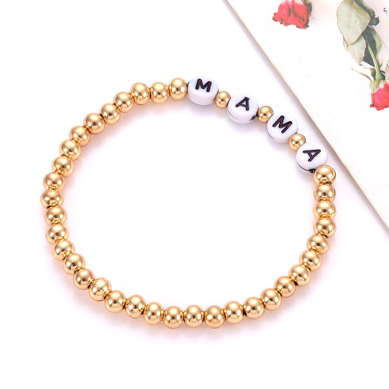 CEALXHENY Ball Bead Bracelets for Women Brass Bead Ball Chain Stretch Bracelets MAMA Letter Bangle Bracelets Gold Layering Bracelet Set Mother’s Day Thanksgiving Gifts (Letter MAMA)