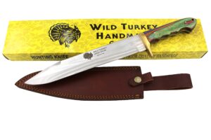 wild turkey handmade collection 17.25" fixed blade hunting knife w/leather sheath (colored wood)