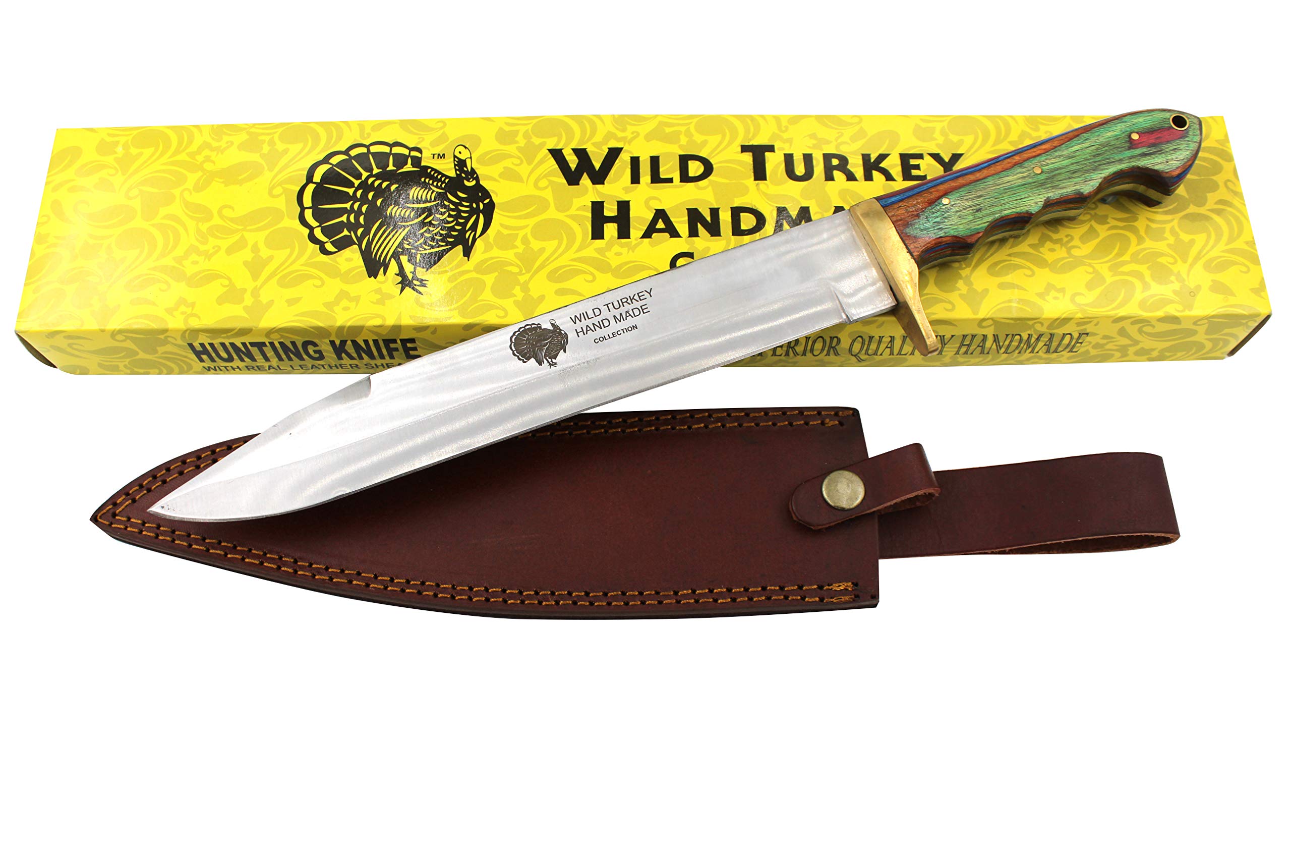 Wild Turkey Handmade Collection 17.25" Fixed Blade Hunting Knife w/Leather Sheath (COLORED WOOD)