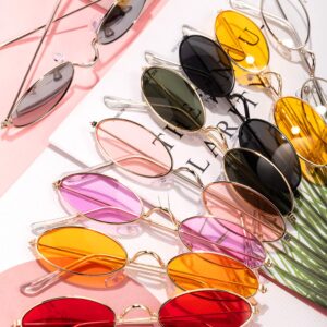 18 Pairs Vintage Slender Oval Sunglasses Small Metal Frames Designer Gothic Glasses Candy Colors Retro Hippie Eyewear for Women Men