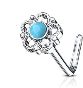 amelia fashion 20 gauge turquoise center flower filigree l bend nose stud 316l surgical steel (steel/turquoise)