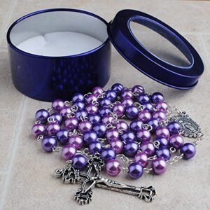 HanlinCC Purple and Pink Glass Pearl Beads Rosary Necklace with Miracuolus Center Piece and Aint-Silver Crucifix with Puprle Metal Gift Box