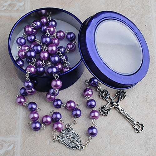 HanlinCC Purple and Pink Glass Pearl Beads Rosary Necklace with Miracuolus Center Piece and Aint-Silver Crucifix with Puprle Metal Gift Box