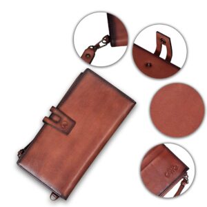 Genuine Leather Wallet Vintage Handbag Cowhide Long Purse Money Clip Card Case Organizer with Hand Strap (Coffee)