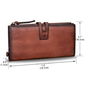 Genuine Leather Wallet Vintage Handbag Cowhide Long Purse Money Clip Card Case Organizer with Hand Strap (Coffee)