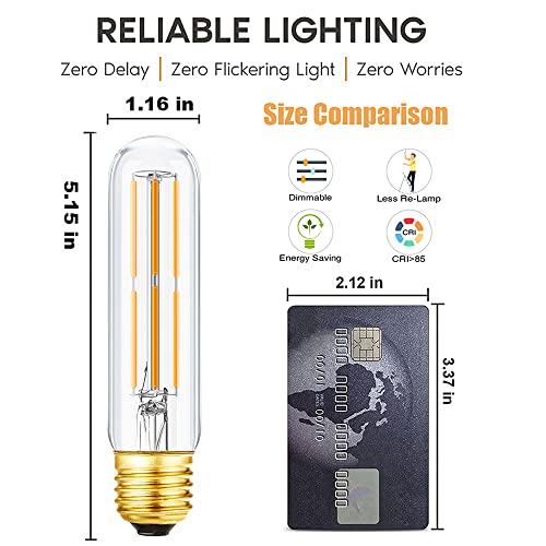 Leools T10 Led Bulb,Dimmable Tubular Vintage LED Edison Bulbs 6W,Equivalent 60 Watt,600LM,Warm White 2700K,Clear Glass,E26 Base Bulb, for Cabinet Display Cabinet etc,3 Pack.