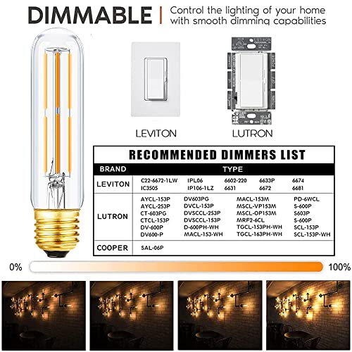 Leools T10 Led Bulb,Dimmable Tubular Vintage LED Edison Bulbs 6W,Equivalent 60 Watt,600LM,Warm White 2700K,Clear Glass,E26 Base Bulb, for Cabinet Display Cabinet etc,3 Pack.