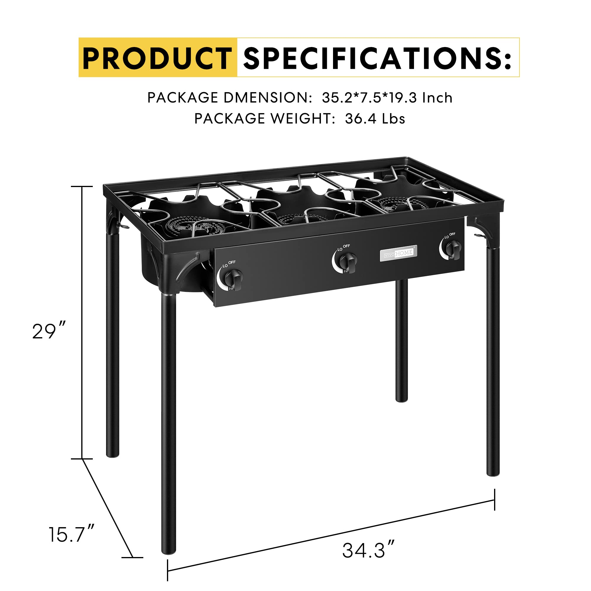 VIVOHOME Outdoor 3-Burner Stove, Max. 225,000 BTU/hr, Heavy Duty Tri-Propane Cooker with Detachable Legs Stand for Camping Cookout