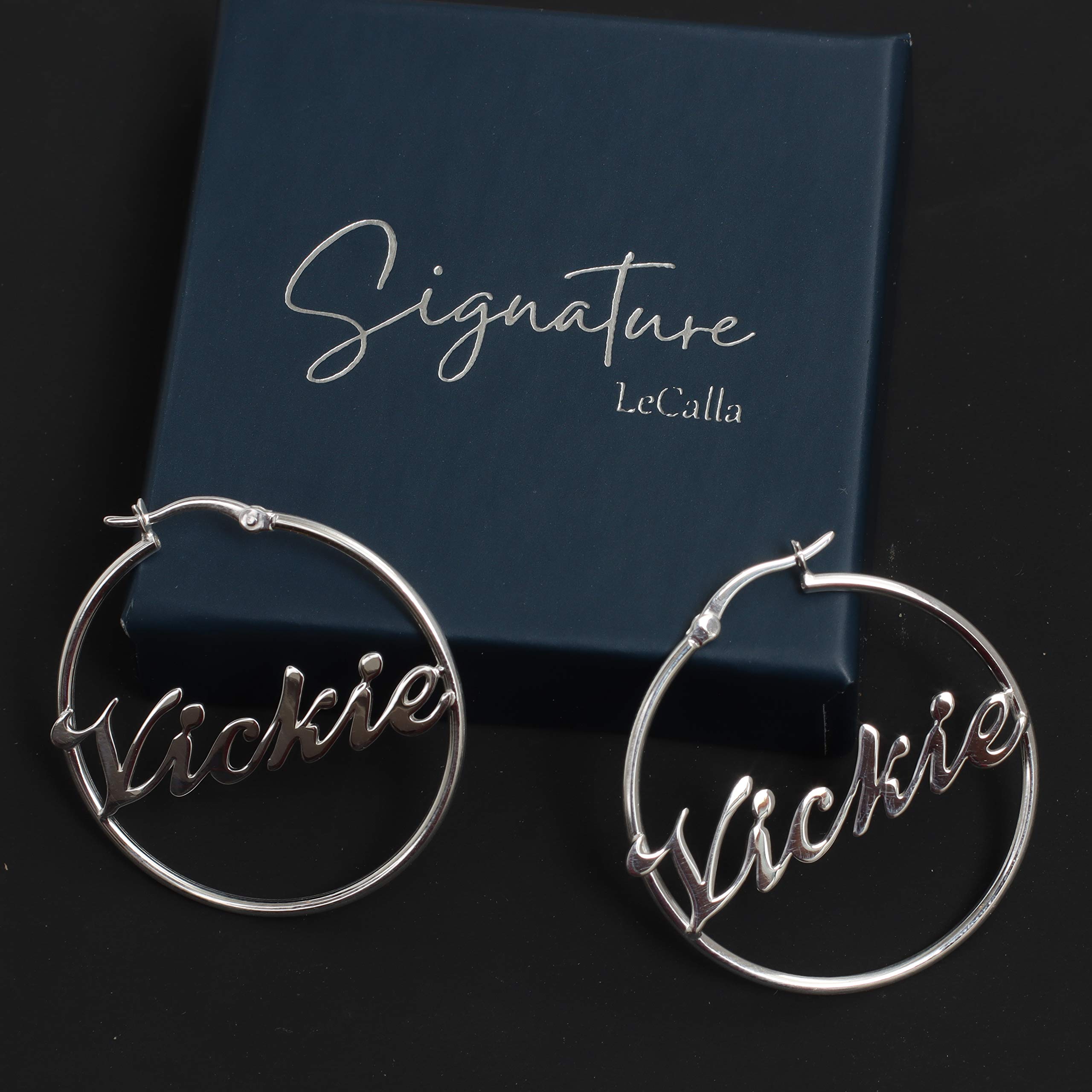 LeCalla Personalized Customized 925 Sterling Silver Name Click-Top Hoop Earrings for Women Teen