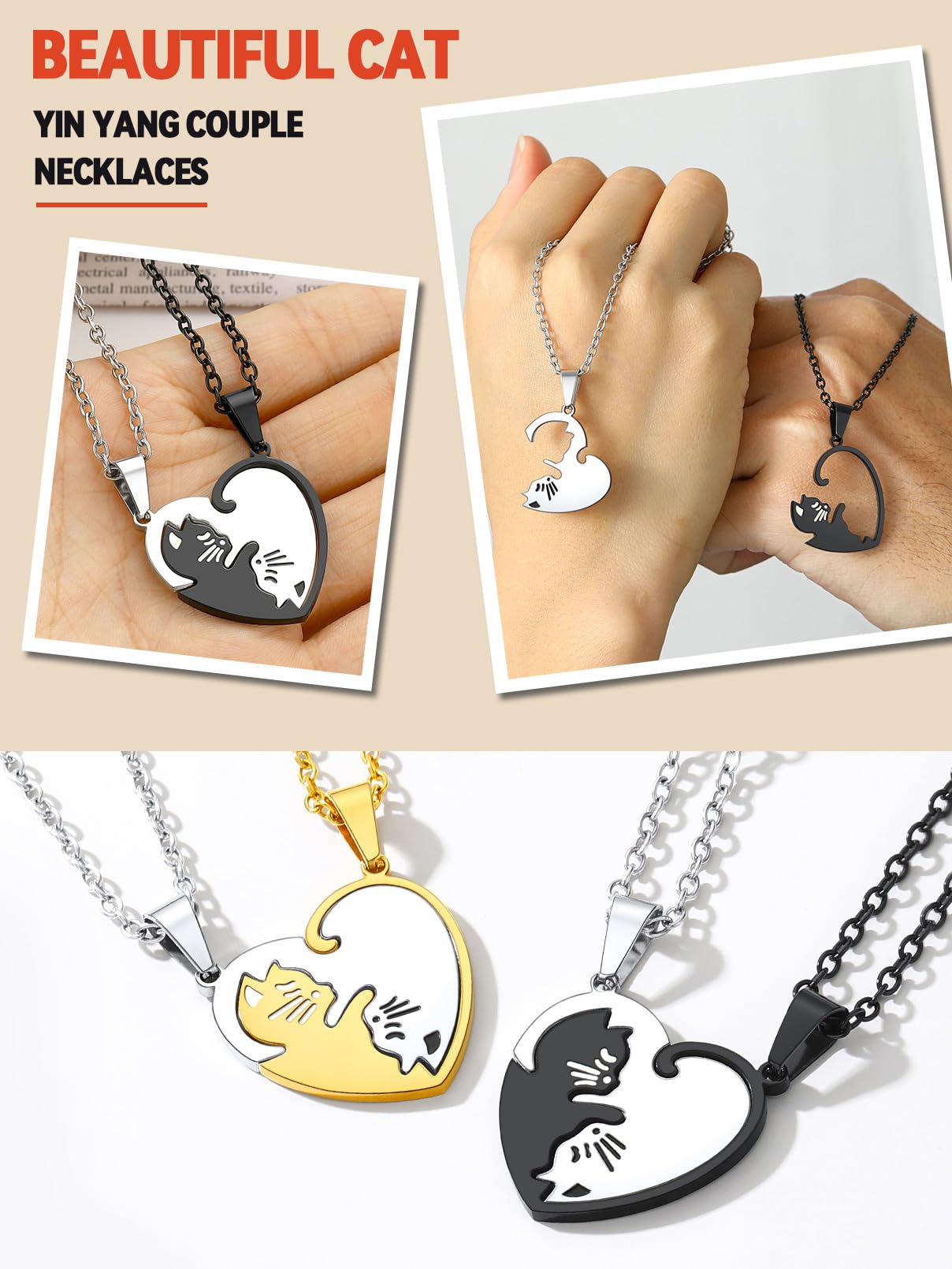 FaithHeart Cat Matching Necklace for Couple, Stainless Steel Puzzle Pieces BFF Pendants for Women, Cute Friendship Necklaces for 2 Ladies