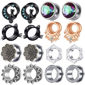 tianci fbyjs 8 pairs stainless steel zircon ear tunnels expander plugs stretcher 00g gauges for women black silver cat on the moon (10mm=00g)