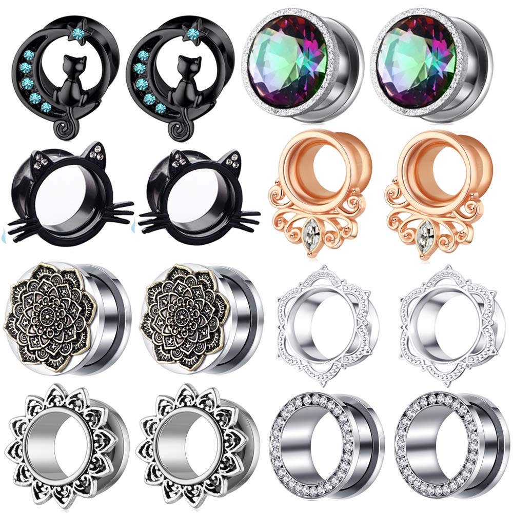 TIANCI FBYJS 8 Pairs Stainless Steel Zircon Ear Tunnels Expander Plugs Stretcher 00g Gauges For Women Black Silver Cat on The Moon (10mm=00g)