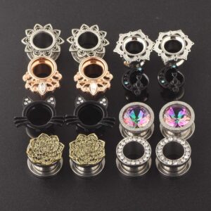 TIANCI FBYJS 8 Pairs Stainless Steel Zircon Ear Tunnels Expander Plugs Stretcher 00g Gauges For Women Black Silver Cat on The Moon (10mm=00g)