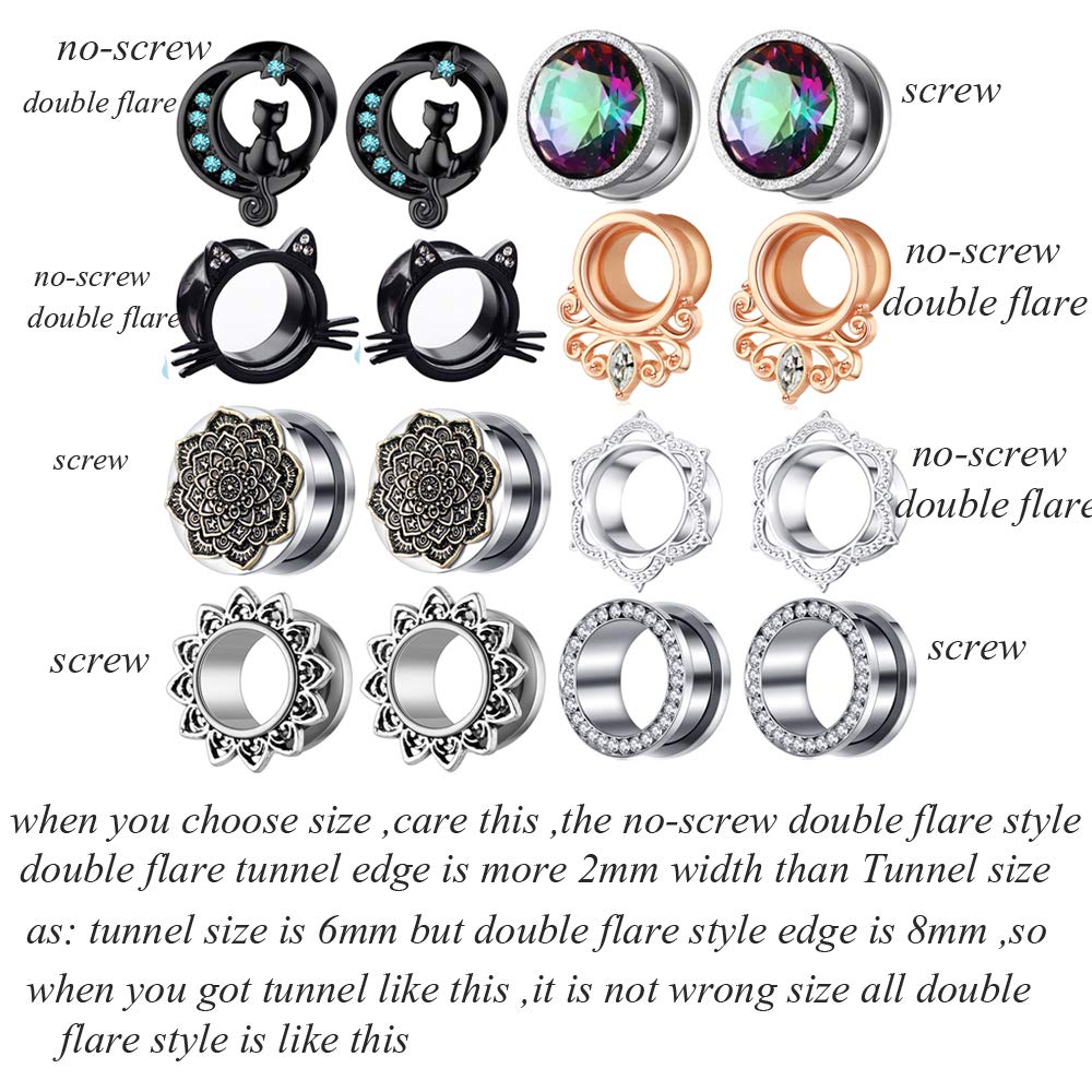 TIANCI FBYJS 8 Pairs Stainless Steel Zircon Ear Tunnels Expander Plugs Stretcher 00g Gauges For Women Black Silver Cat on The Moon (10mm=00g)