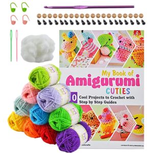 Mira HandCrafts 32 Acrylic Yarns with Real Amigurumi Book | DK Yarn for Crochet Complete Kit | 1 Crochet Hooks, 2 Needles, 4 Stitch Markers, Pearl Head Sewing Pins Set, Fiber Stuffing, Safety Eyes