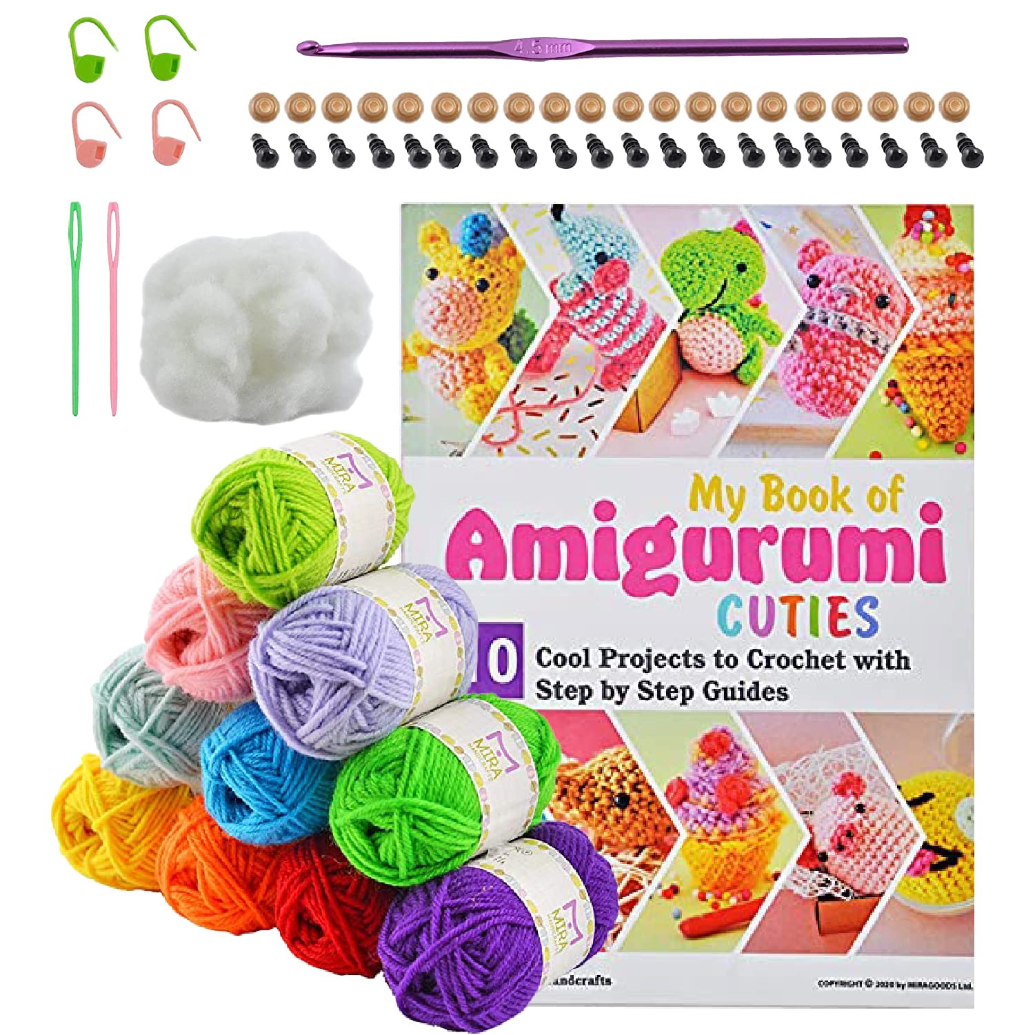 Mira HandCrafts 32 Acrylic Yarns with Real Amigurumi Book | DK Yarn for Crochet Complete Kit | 1 Crochet Hooks, 2 Needles, 4 Stitch Markers, Pearl Head Sewing Pins Set, Fiber Stuffing, Safety Eyes