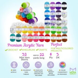 Mira HandCrafts 32 Acrylic Yarns with Real Amigurumi Book | DK Yarn for Crochet Complete Kit | 1 Crochet Hooks, 2 Needles, 4 Stitch Markers, Pearl Head Sewing Pins Set, Fiber Stuffing, Safety Eyes