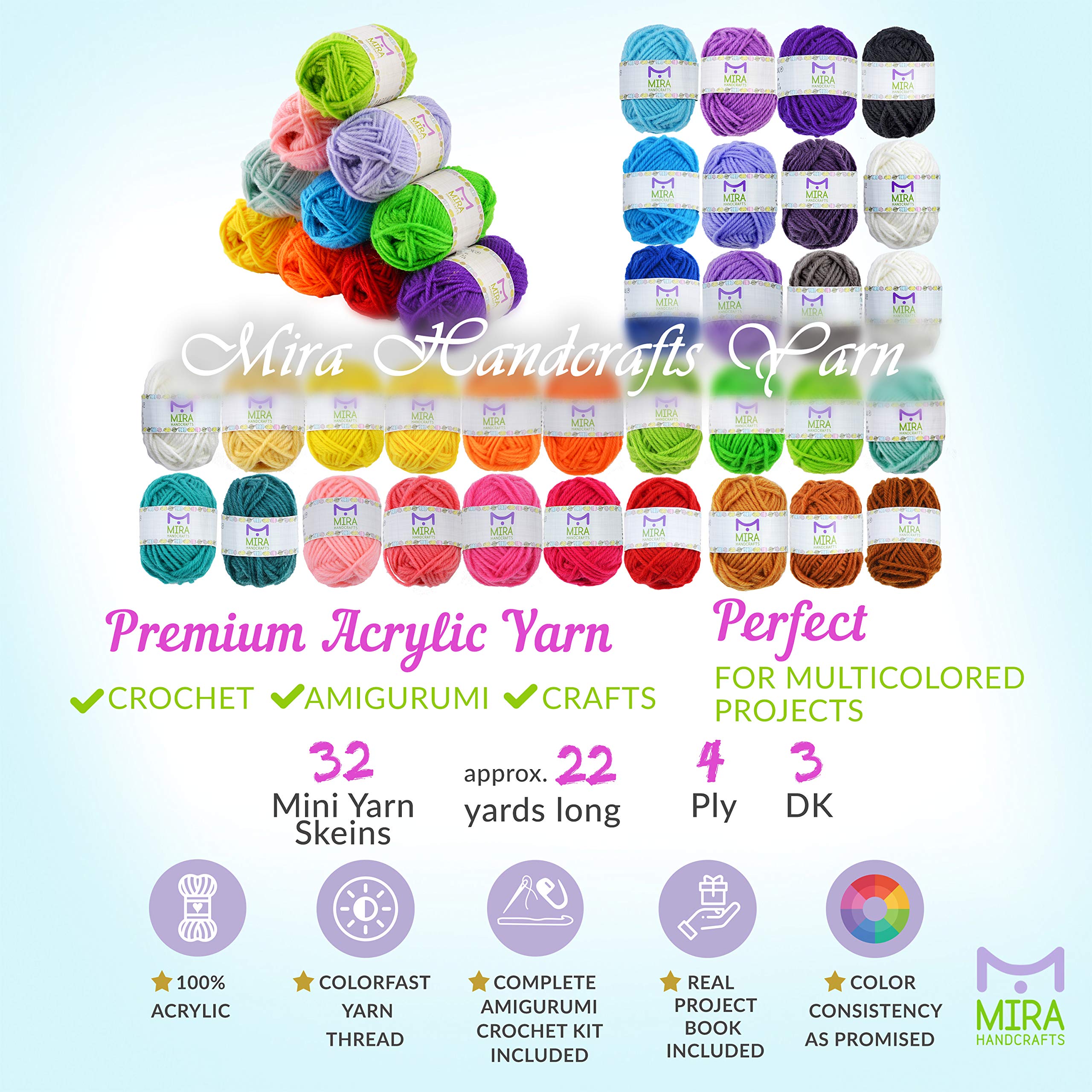 Mira HandCrafts 32 Acrylic Yarns with Real Amigurumi Book | DK Yarn for Crochet Complete Kit | 1 Crochet Hooks, 2 Needles, 4 Stitch Markers, Pearl Head Sewing Pins Set, Fiber Stuffing, Safety Eyes