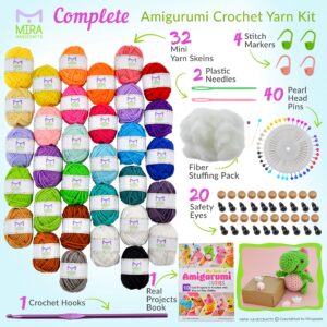 Mira HandCrafts 32 Acrylic Yarns with Real Amigurumi Book | DK Yarn for Crochet Complete Kit | 1 Crochet Hooks, 2 Needles, 4 Stitch Markers, Pearl Head Sewing Pins Set, Fiber Stuffing, Safety Eyes