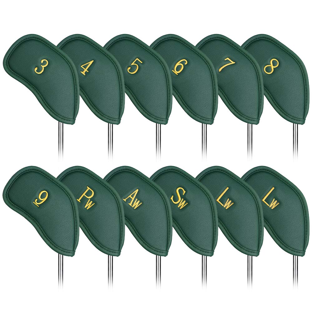 CRAFTSMAN GOLF 12pcs Thick Synthetic Leather Green Golf Iron Head Covers Set Headcover Fit All Brands Callaway Ping Taylormade Cobra Etc. (12pcs Green with Gold No.for Right)