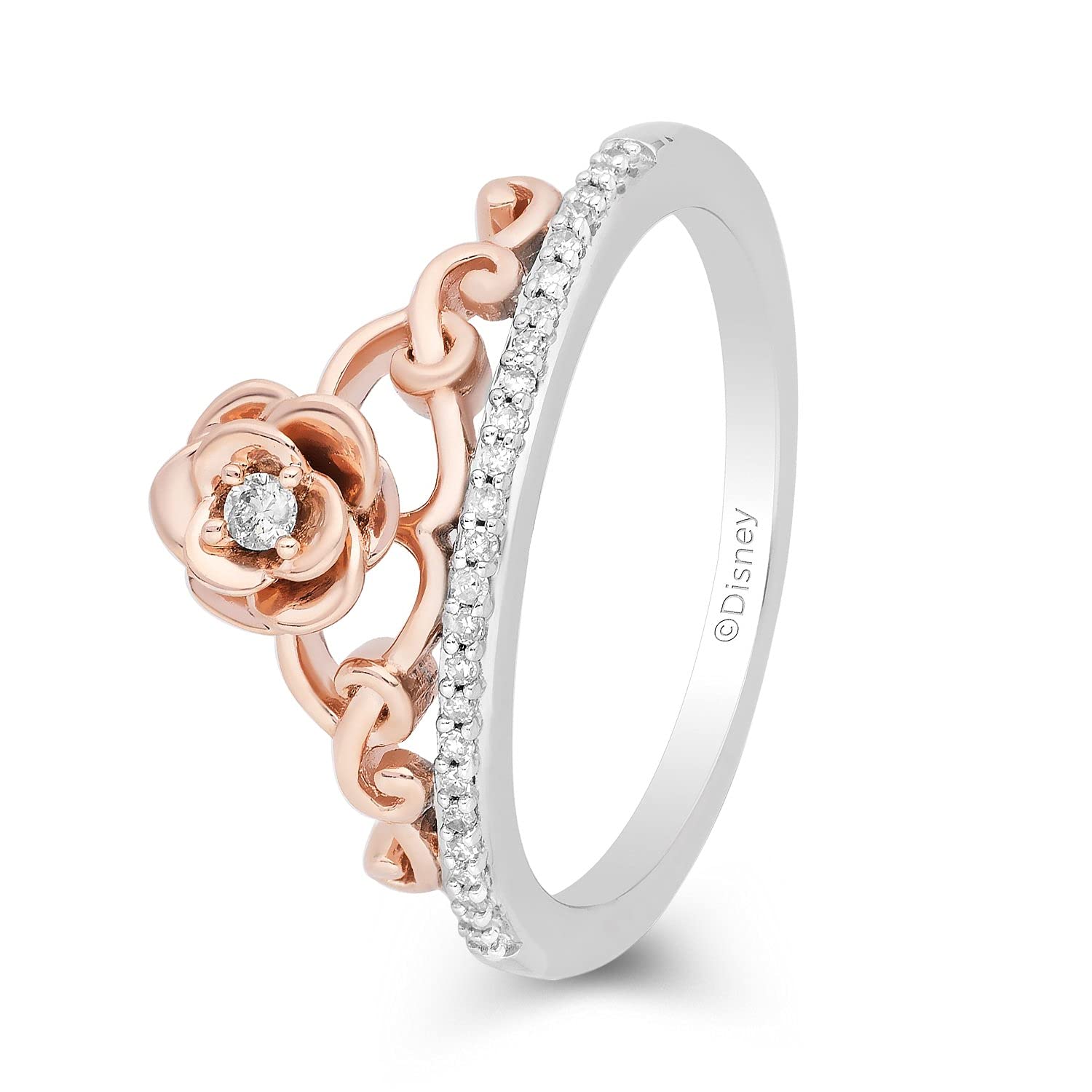 Jewelili Enchanted Disney Fine Jewelry 14K Rose Gold over Sterling Silver with 1/10 Cttw Diamond Belle Rose Ring Size 7