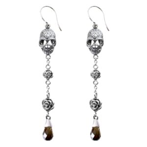 skull and rose earrings design with smoked quartz teardrop