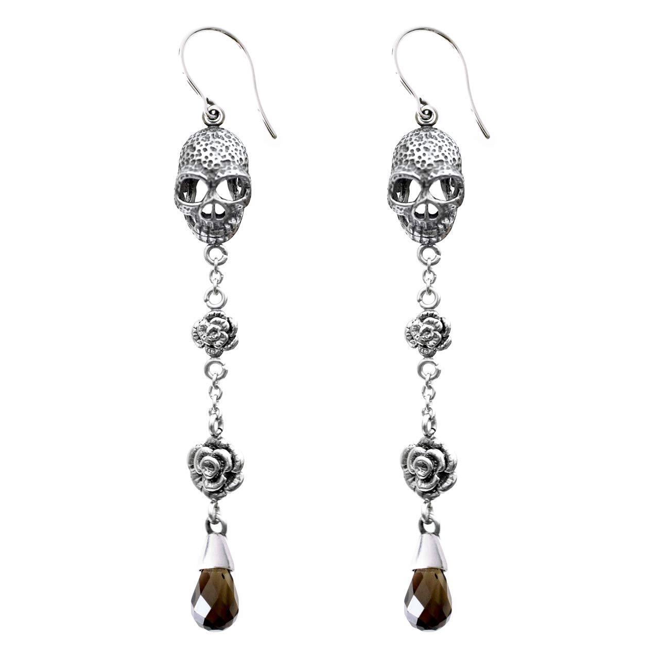 Skull and Rose Earrings Design with Smoked Quartz Teardrop