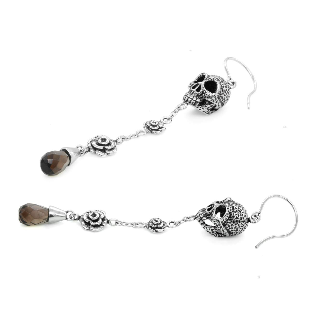 Skull and Rose Earrings Design with Smoked Quartz Teardrop