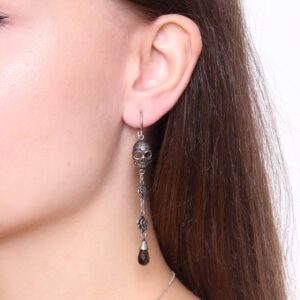 Skull and Rose Earrings Design with Smoked Quartz Teardrop