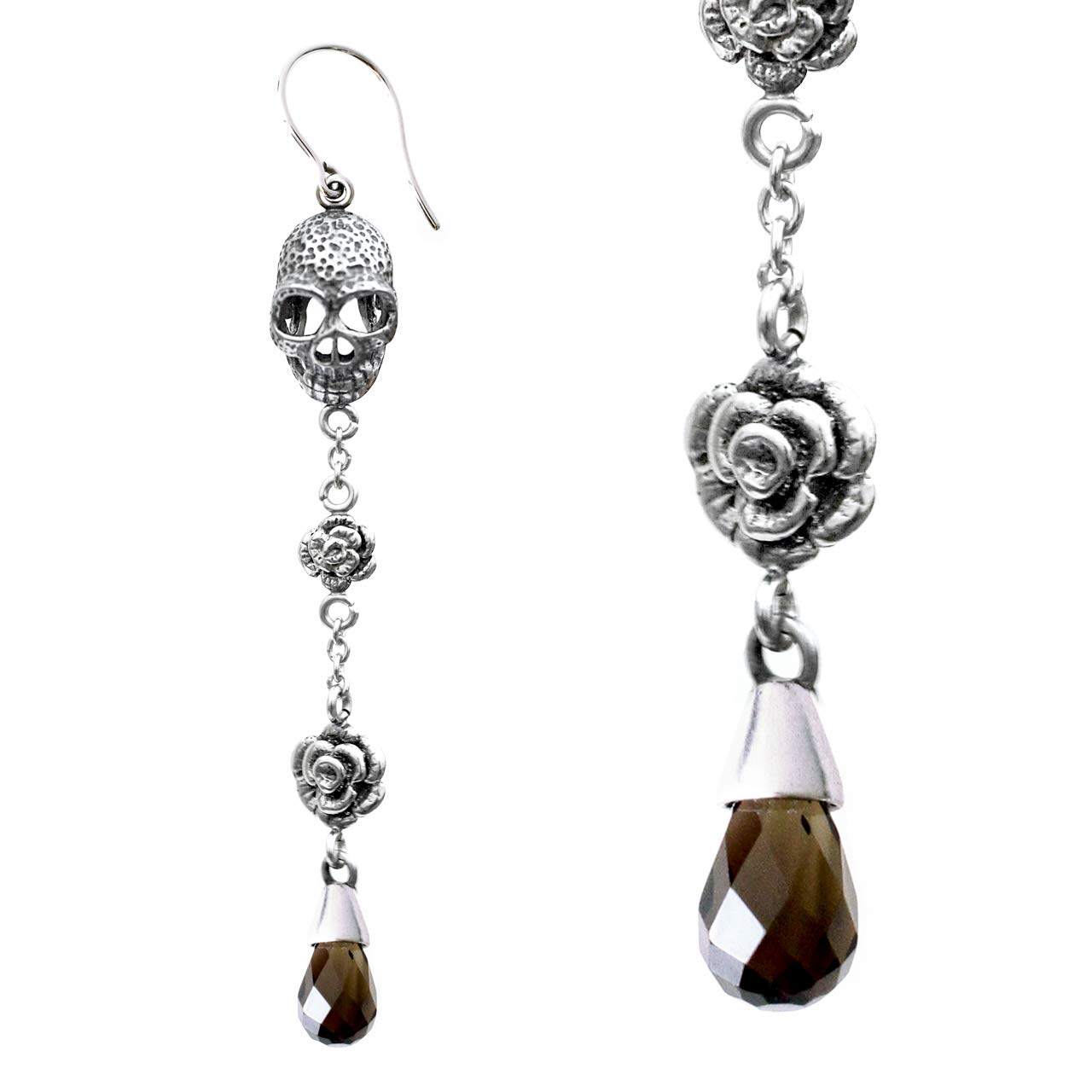 Skull and Rose Earrings Design with Smoked Quartz Teardrop