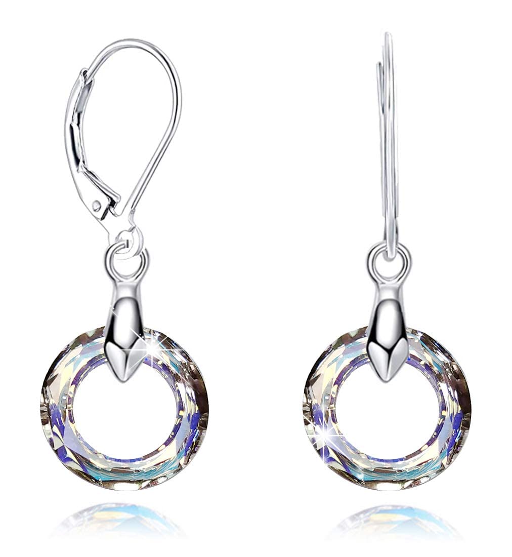 925 Sterling Silver Circle Earrings with Austria Crystal Leverback Dangle Earrings Hypoallergenic Jewelry for Women Mom (Aurore Borealis Crystal Earrings)