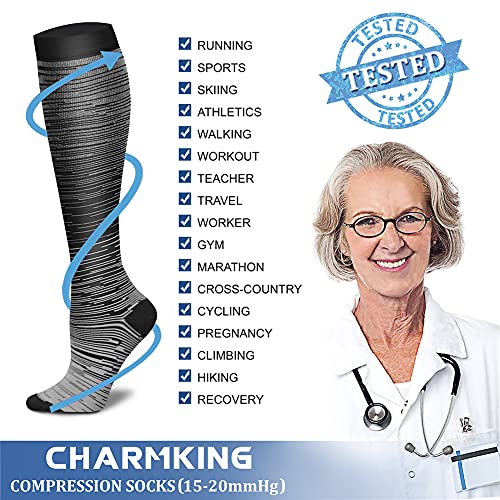 CHARMKING Compression Socks for Women & Men (8 Pairs) 15-20 mmHg Graduated Copper Support Socks are Best for Pregnant, Nurses - Boost Performance, Circulation, Knee High & Wide Calf (L/XL, Multi 29)