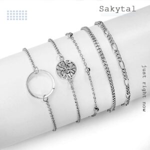 Sakytal Boho Layered Link Bracelets Silver Stackable Bracelet Set Circle Stacking Bracelet for Women(5PCS)