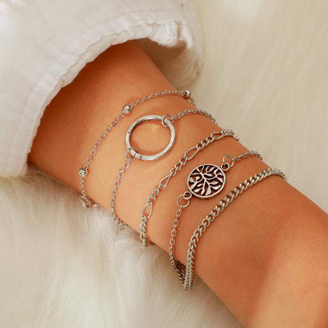 Sakytal Boho Layered Link Bracelets Silver Stackable Bracelet Set Circle Stacking Bracelet for Women(5PCS)