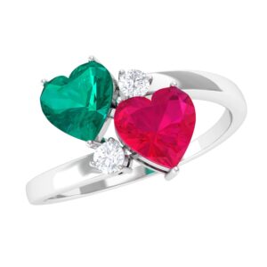 natural ruby emerald ring, toi et moi heart promise ring, certified 2 stone pre engagement ring for women, 14k white gold, size:us 8.00