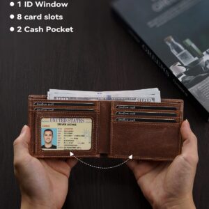 Swallowmall Mens Wallet RFID-Blocking Genuine Leather Slim Bifold Wallets for Men Leather Wallets Minimalist Front Pocket ID Window 8 Cards Holders Gift Box