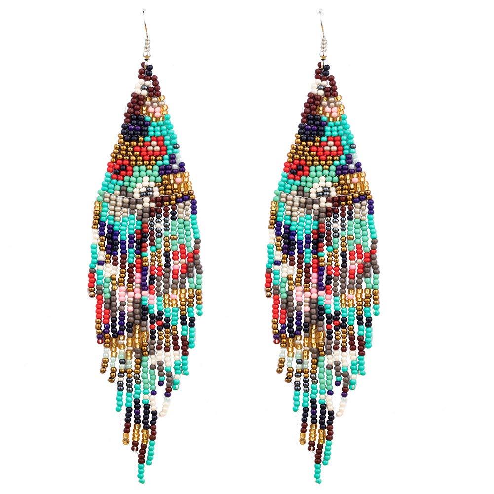 Luluping Long Beaded Dangle Earrings – Boho Native Handmade Seed Bead Tassel Earrings for Women, Bohemian Large Statement Beaded Drop Fringe Earrings (Colorful Beaded Earrings D)