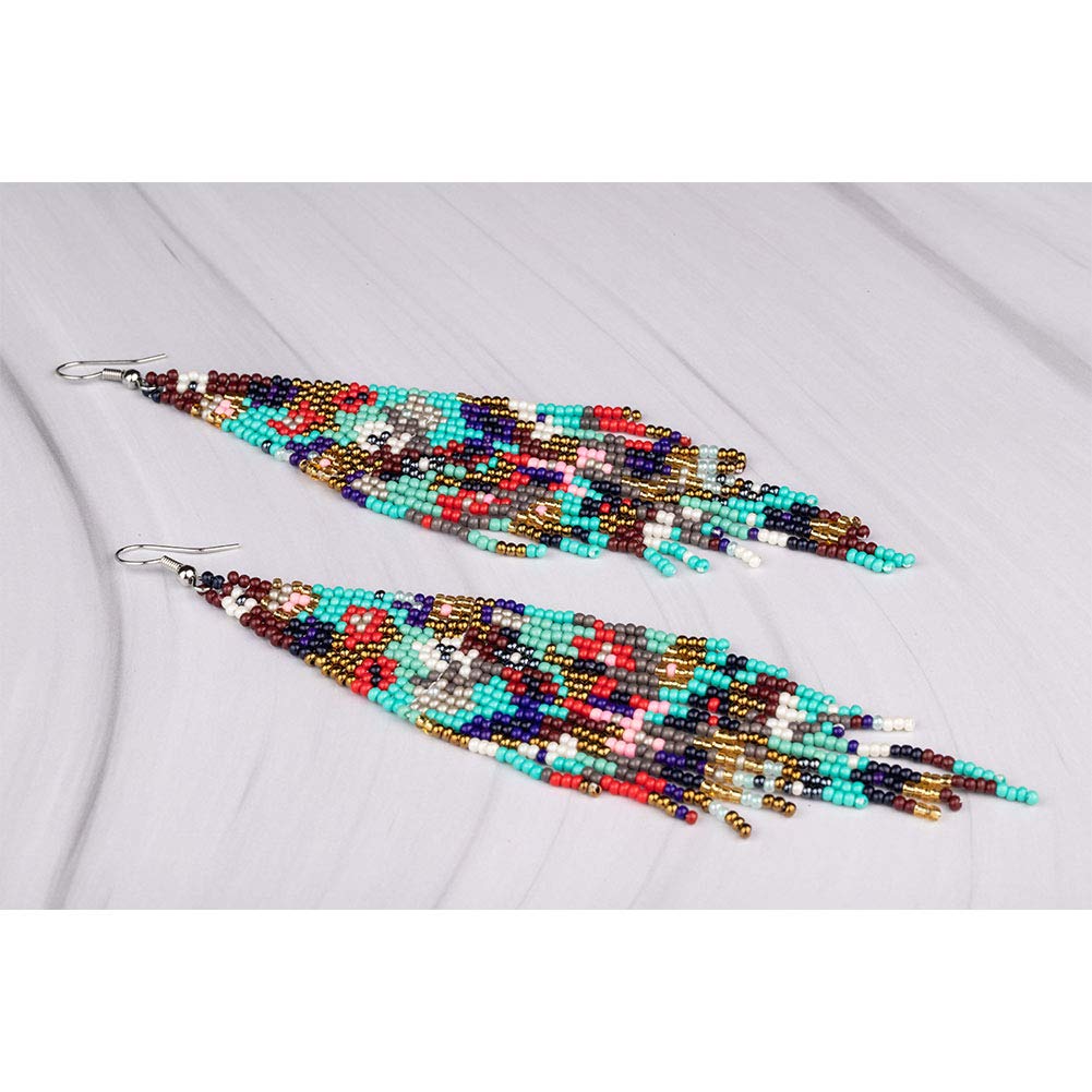 Luluping Long Beaded Dangle Earrings – Boho Native Handmade Seed Bead Tassel Earrings for Women, Bohemian Large Statement Beaded Drop Fringe Earrings (Colorful Beaded Earrings D)