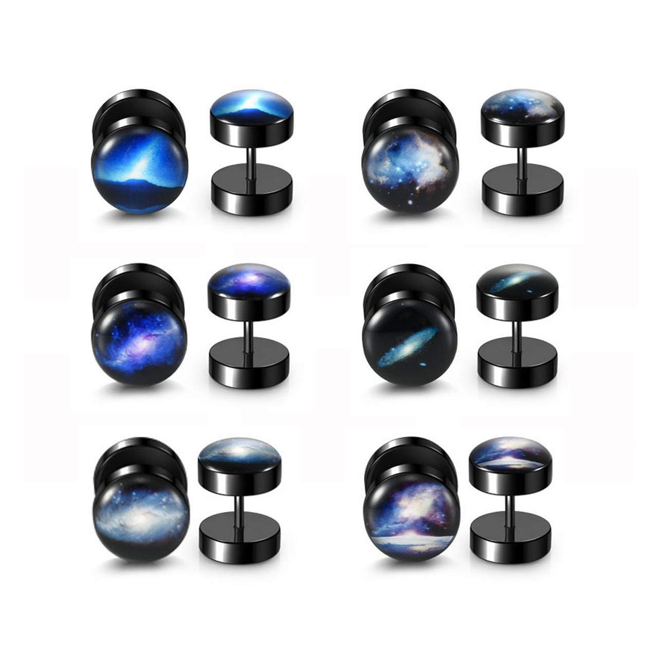 PiercingJ 6 Pairs Faux Gauges Earrings 18G Solar System Galaxy Universe Stainless Steel Stud Barbell 00G Cheater Fake Ear Plugs Illusion Tunnel Piercing Stud Screw Earrings