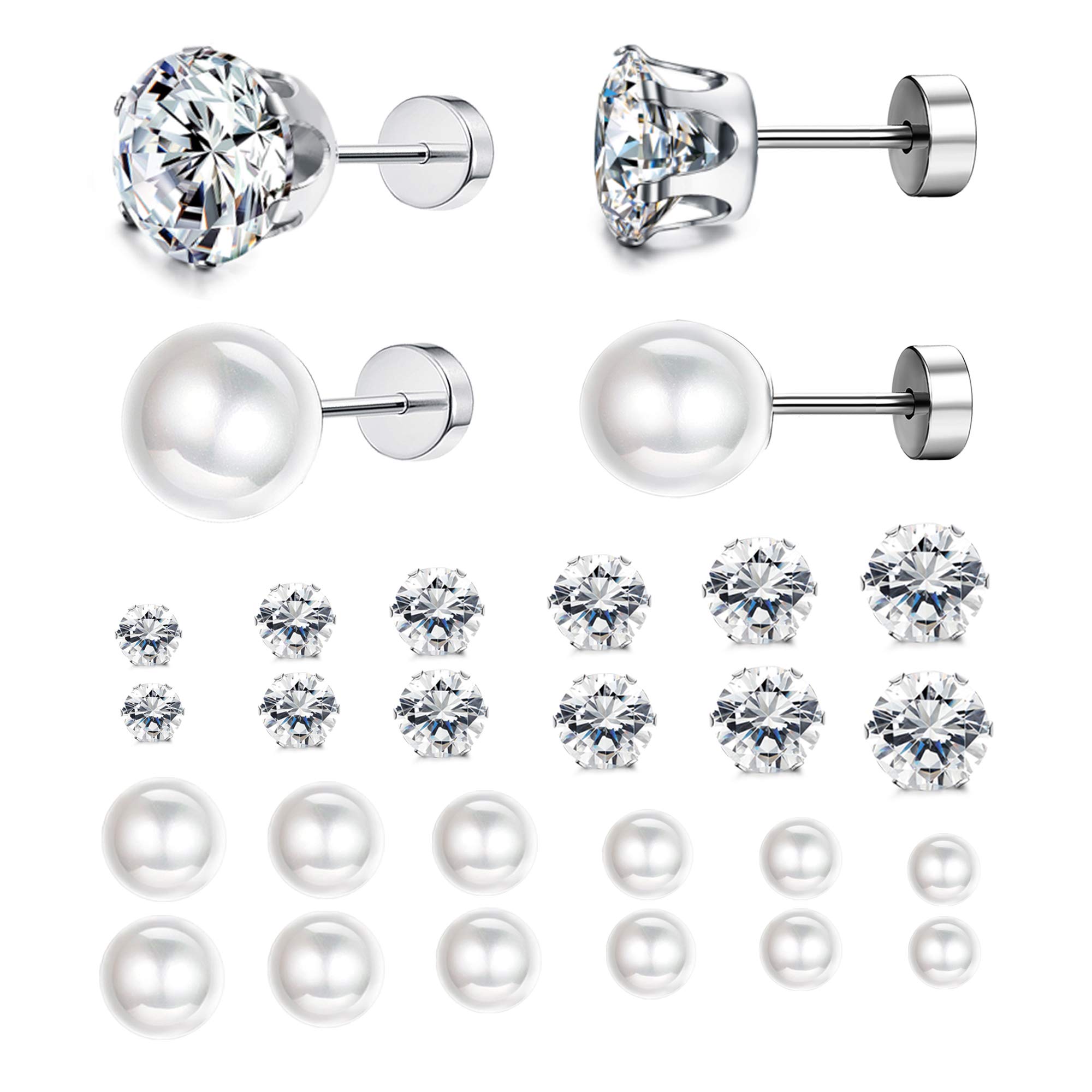 Jstyle 12Pairs Stainless Steel Round Clear Cubic Zirconia Pearl Stud Earring for Women CZ Earrings 3-8MM