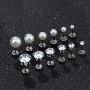 Jstyle 12Pairs Stainless Steel Round Clear Cubic Zirconia Pearl Stud Earring for Women CZ Earrings 3-8MM